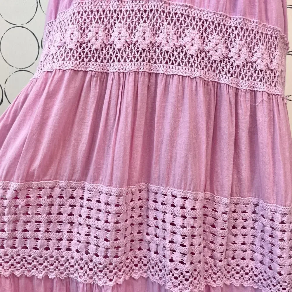 Crochet Tiered Maxi Dress Womens L Pink Purple Cottage Boho Romantic Cotton - Picture 12 of 15